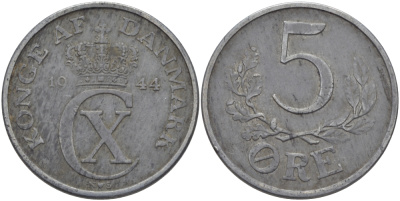 Дания 5 эре 1944 N; S, Кристиан X (1912-1947) KM 834а цинк 97-1143