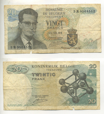 Бельгия 20 франков 1964 Бодуэн I, атомиум, Kestens Pick 138 (3) бумага 6299-24-2