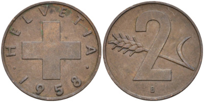 Швейцария 2 раппена 1958 В KM 47 бронза 4591-1216