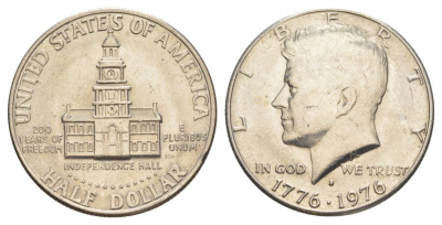 США 1/2 доллара (50 центов) 1976 D, 200 лет независимости, Джон Кеннеди KM 205 медь плакированная медно-никелем aUNC 4565-441