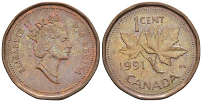 Канада 1 цент 1991 Елизавета II (1952-2022), кленовый лист KM 181 бронза 4609-234