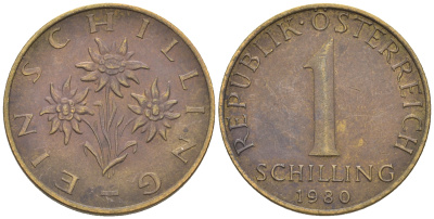Австрия 1 шиллинг 1980 KM 2886 алюминиевая бронза 60-1231
