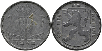БЕЛЬГИЯ 1 ФРАНК 1946 BELGIE-BELGIQUE, ГЕРМАНСКАЯ ОККУПАЦИЯ, ВТОРАЯ МИРОВАЯ ВОЙНА KM 128 цинк 4390-432