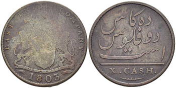 Британская Индия 10 кэш 1803 Британская Ост-Индская компания, Мадрасское президентство KM 319 медь 119-225