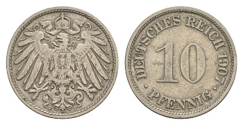 Германия 10 пфеннигов 1907 F, Вильгельм II (1888-1918) KM 12, J. 13 медно-никель 4644-1164