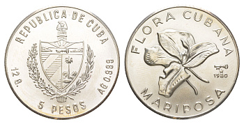 Куба 5 песо 1980 Флора Кубы - Калохортус (Calochortus, Mariposa) KM 49 серебро BU 603-424