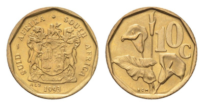 ЮАР 10 центов 1993 герб, цветок алоэ KM 135 сталь плакированная бронзой UNC 4694-657