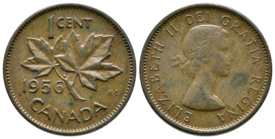 Канада 1 цент 1956 Елизавета II (1952-2022), кленовый лист KM 49 бронза 46-2545