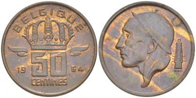 БЕЛЬГИЯ 50 САНТИМОВ 1964 BELGIQUE KM 148.1 бронза UNC 3996-1247
