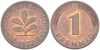 ФРГ 1 ПФЕННИГ 1977 J KM 105, J. 380 сталь плакированная медью 4181-625