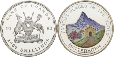 Уганда 2000 шиллингов 1993 гора Маттернхорн (Matterhorn), цветная эмаль, тираж 10000 экз. KM 42 серебро PROOF 1098-2-63