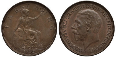 Великобритания 1 фартинг 1932 Георг V (1910-1936) KM 825, Spink 4061 бронза UNC 4114-744