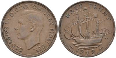 Великобритания 1/2 пенни 1949 Георг VI (1936-1952) KM 868, Spink 4118 бронза 4589-926