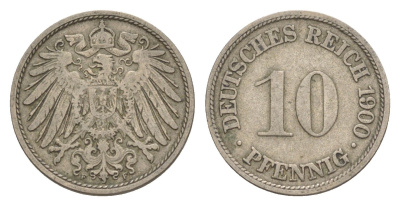 Германия 10 пфеннигов 1900 F, Вильгельм II (1888-1918) KM 12, J. 13 медно-никель 4640-247