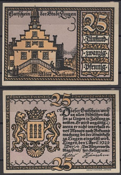 Линген 25 пфеннигов 1921 DeNG 2 803.2a-1/2 бумага UNC (пресс) 8608-18-1-2
