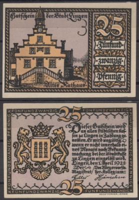 Линген 25 пфеннигов 1921 DeNG 2 803.2a-1/2 бумага UNC (пресс) 8608-18-1-2