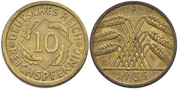ГЕРМАНИЯ 10 РЕЙХСПФЕННИГОВ 1935 F KM 40, J. 317, Weege 9 алюминиевая бронза 210-415