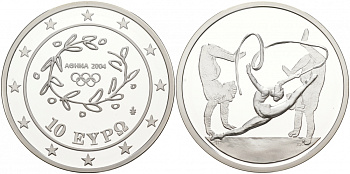 Греция 10 евро 2003 XXVIII летние Олимпийские игры 2004 года в Афинах, художественная гимнастика KM 199 серебро PROOF 00-00