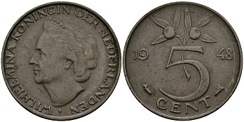 НИДЕРЛАНДЫ 5 ЦЕНТОВ 1948 ВИЛЬГЕЛЬМИНА KM 176 бронза 95-222