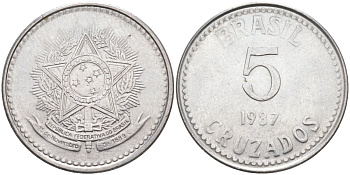 Бразилия 5 крузадо 1987 реформа (1986-1989) KM 606 нержавеющая сталь 219-824