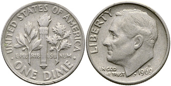 США 10 ЦЕНТОВ = 1 ДАЙМ 1969 D, РУЗВЕЛЬТ KM 195а медь плакированная медно-никелем 51-5069