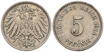 Германия 5 пфеннигов 1914 A, KM 11, J. 12 медно-никель 220-723