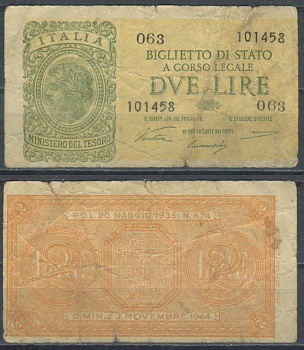 Италия 2 лиры 1944 Pick 30 a бумага 8601-23-1-2