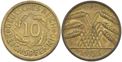 ГЕРМАНИЯ 10 РЕЙХСПФЕННИГОВ 1935 F KM 40, J. 317, Weege 9 алюминиевая бронза 210-415