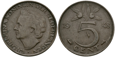 НИДЕРЛАНДЫ 5 ЦЕНТОВ 1948 ВИЛЬГЕЛЬМИНА KM 176 бронза 95-222