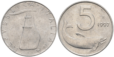 Италия 5 лир 1997 R, дельфин KM 92 алюминий  UNC  4594-663