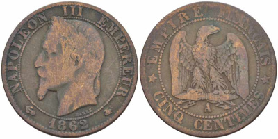 ФРАНЦИЯ 5 САНТИМОВ 1862 A, НАПОЛЕОН III (1852-1870) KM 797.1, LE FRANC 117.5 бронза 108-522