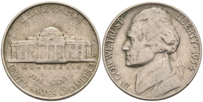 США 5 центов 1954 D, Джефферсон KM А192 медно-никель 92-1022