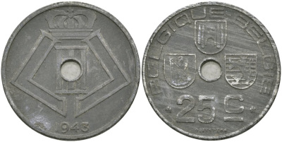 Бельгия 25 сантимов 1943 Belgique-Belgie, Леопольд III (1934-1947) KM 131 цинк 4579-246