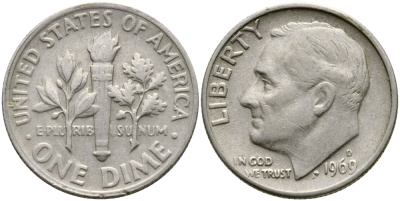 США 10 ЦЕНТОВ = 1 ДАЙМ 1969 D, РУЗВЕЛЬТ KM 195а медь плакированная медно-никелем 51-5069