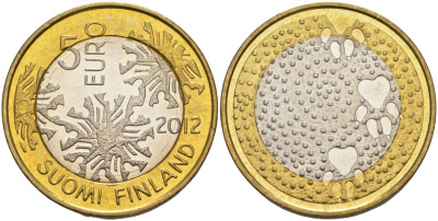Финляндия 5 евро 2012 серия северная природа, фауна, следы песца KM 185 биметалл UNC M17-15