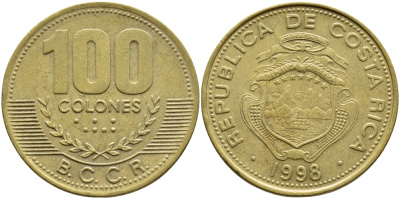 Коста-Рика 100 колон 1998 B.C.C.R. KM 230а латунь 4680-412
