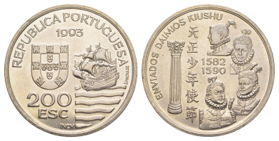 Португалия 200 эскудо 1993 Японская миссия в Европе, 1582-1590 - Enviados Daimios Kiushu KM 667 медно-никель UNC 1101-4-14