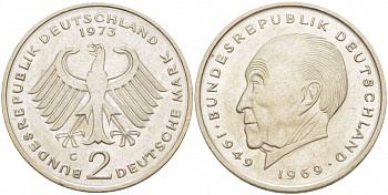 ФРГ 2 МАРКИ 1973 G, КОНРАД АДЕНАУЭР KM 124, J. 406 медно-никель плакированный никелем плакированный никелем 3996-913
