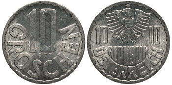 Австрия 10 грошей 1977 из ролла KM 2878 алюминий UNC M16-18