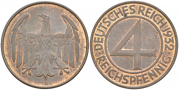 Германия 4 рейхспфеннига 1932 D KM 75, J. 315 медь UNC 1522-241