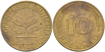ФРГ 10 пфеннигов 1978 D KM 108, J. 383 сталь плакированная латунью 60-345