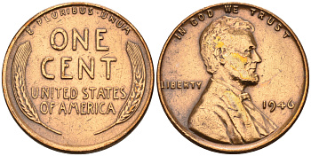 США 1 цент 1946 Линкольн KM А132 медь цинк 4115-311