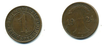ГЕРМАНИЯ 1 РЕЙХСПФЕННИГ 1924 J KM 37, J.313 бронза 46-714