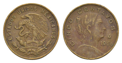 Мексика 5 сентаво 1966 Жозефа Ортис де Домингес KM 426 латунь 4655-1043