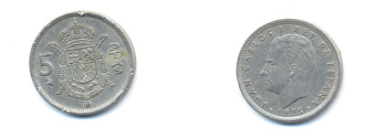 ИСПАНИЯ 5 ПЕСЕТ 1975 ХУАН КАРЛОС I KM 807 медно-никель 54-1637