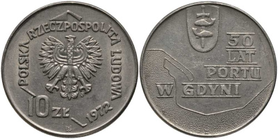 Польша 10 злотых 1972 MW, 50 лет морскому порту в Гдыне KM 65 медно-никель 180-312