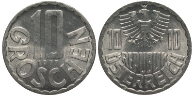Австрия 10 грошей 1977 из ролла KM 2878 алюминий UNC M16-18