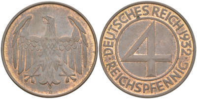 Германия 4 рейхспфеннига 1932 D KM 75, J. 315 медь UNC 1522-241