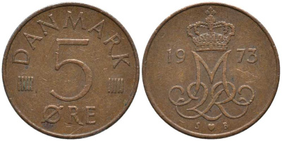 Дания 5 эре 1973 S; B, Маргрете II (1972- ) KM 859.1 железо плакированное медью 116-142