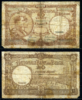 Бельгия 20 франков 1940 20.03.1940, Король Альберт I и его жена Королева Елизавета, Гран-Плас / Гроте Маркт, Брюссель Pick 111 (1) бумага 6301-26-2-2